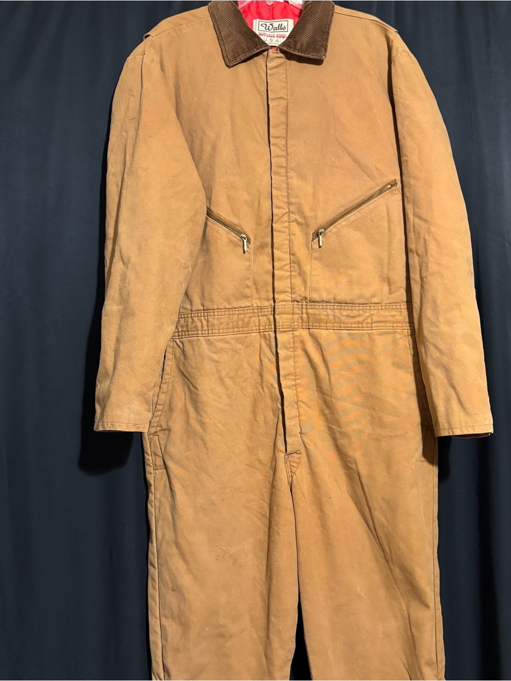 Vintage Walls Blizzard Pruf Mens XL Tan Canvas Insulated Overall Corduroy Collar